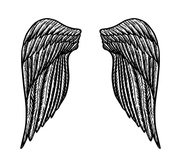 Ala de anjo em estilo vintage. Modelo para tatuagem e emblemas, camisetas e logotipo. Emblema para adesivos. Esboço gravado. Ilustração vetorial . — Vetor de Stock