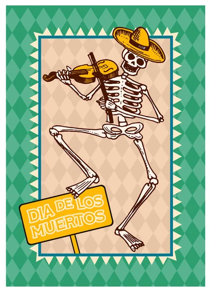 Carteles del Día de los Muertos sobre un fondo de color. Los esqueletos bailan y tocan instrumentos musicales. En español Dia De Los Muertos. Fiesta religiosa con calaveras felices. Juego de pancartas grabadas a mano . — Vector de stock