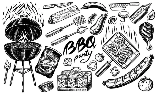 Barbacoa de estilo vintage. Dibujado a mano. Ingredientes Bbq. Comida caliente a la parrilla, cerveza y herramientas, verduras y especias. Ilustración vectorial para menú o etiquetas . — Vector de stock