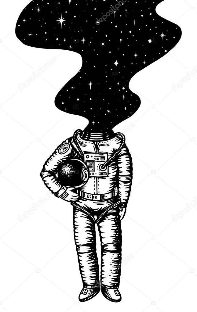 Soaring Spaceman. Space and galaxy in the head. Astronaut in the solar system. Engraved hand drawn Old sketch in vintage style.