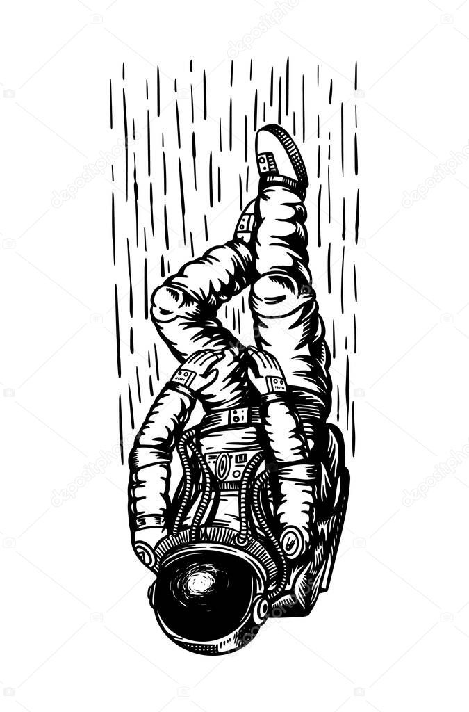 Soaring Spaceman in space. Astronaut in the solar system. Engraved hand drawn Old sketch in vintage style.