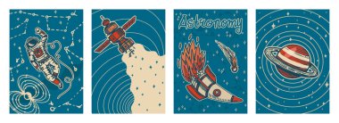 Vintage uzay afiş seti. Retro tarzında Galaxy Poster. Gezegenler ve evren, astronot veya gökbilimci sıfır yerçekimi, uzay gemisi ve bilim. Mavi arka plan üzerine elle çizilmiş oyma vektör şablonu