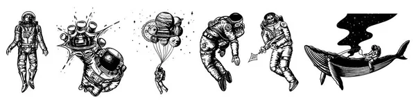 Set di astronauti nel sistema solare. Spaceman e balena, decollando cosmonauta, pianeti nello spazio, palloncini e la luna. Disegnato a mano inciso Vecchio schizzo in stile vintage . — Vettoriale Stock