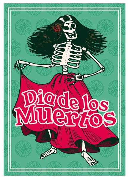 Den mrtvých plakátů na barevném pozadí. Kostlivci tančí a hrají hudební nástroje. Ve španělské Dia de los Muertos. Náboženské prázdniny s šťastným lebek. Ručně vykreslený rytý proužek. — Stockový vektor