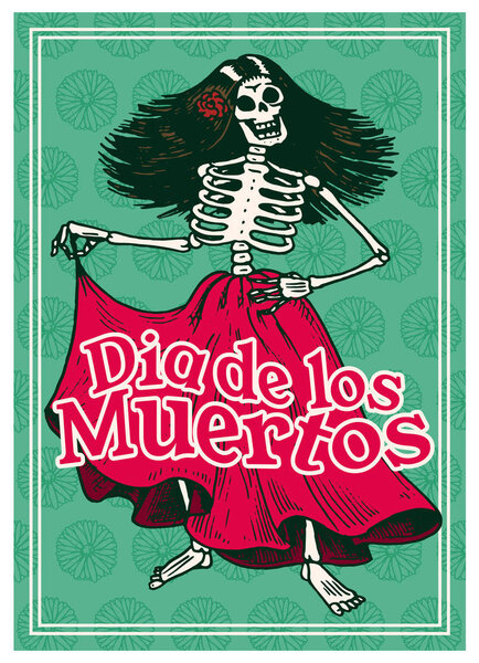 Day of the Dead Posters on a colored background. Skeletons dance and play musical instruments. In Spanish Dia De Los Muertos. Religious holiday with happy skulls. Hand drawn engraved banner Set.