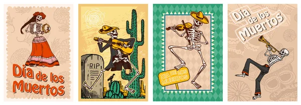 Carteles del Día de los Muertos sobre un fondo de color. Los esqueletos bailan y tocan instrumentos musicales. En español Dia De Los Muertos. Fiesta religiosa con calaveras felices. Juego de pancartas grabadas a mano . — Vector de stock