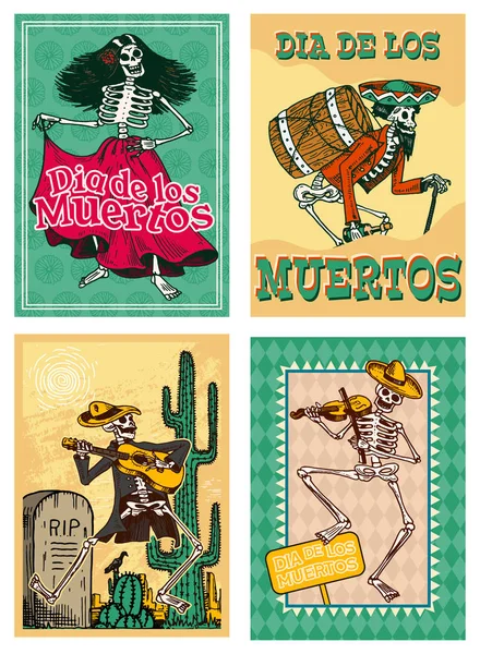 Carteles del Día de los Muertos sobre un fondo de color. Los esqueletos bailan y tocan instrumentos musicales. En español Dia De Los Muertos. Fiesta religiosa con calaveras felices. Juego de pancartas grabadas a mano . — Vector de stock