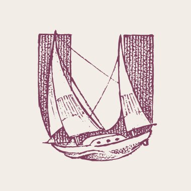 Dekoratif sermaye harfi U. Deniz antik tarzı. Dalgalar ve mektupla deniz. Eski Vintage yazı tipi. Kullanılabilir ve katmanlı monogram. Elle çizilmiş oyma kroki. Vektör çizimi