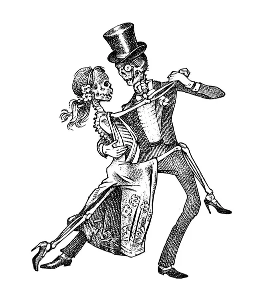 Танцующие скелеты. Шаблон баннера Хэллоуина. День мёртвых. Ручной рисунок эскиза для татуировки, футболки или логотипа . — стоковый вектор