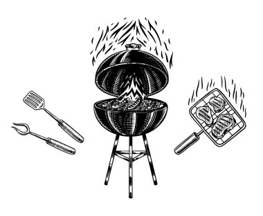 Klasik usulde barbekü ızgarası. Elle çizilmiş. Barbekü partisi malzemeleri. Sıcak ızgara yemek, bira ve aletler, sebze ve baharatlar. Menü veya etiketler için vektör illüstrasyonu.