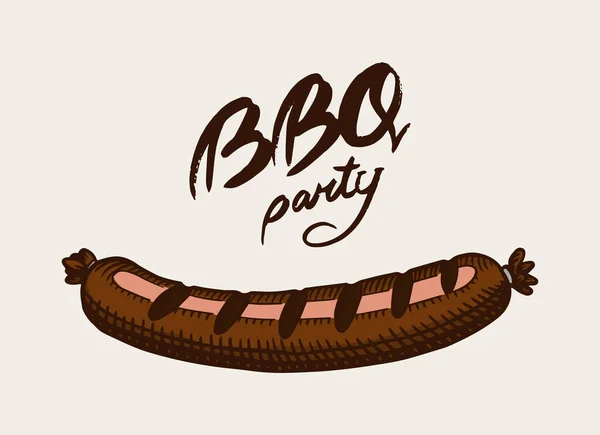 Sausage for Barbecue grill in vintage style. Drawn by hand. Bbq party banner. Vector illustration for menu or labels. — Stock Vector