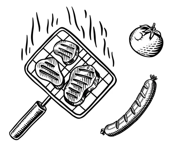 烧烤烤架设置为老式风格. 手绘的。 Bbq派对配料。 火热的烧烤食物、啤酒和工具、蔬菜和香料。 菜单或标签的矢量说明. — 图库矢量图片