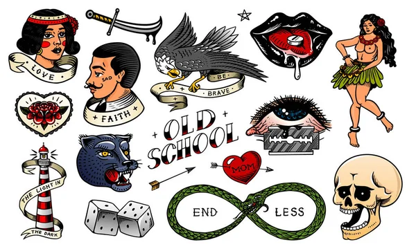 Conjunto de tatuagem da escola vintage. Personagens jogando cartas, mulher havaiana, lábios e medicamentos, farol, pantera, dados e cobra. Esboço gravado desenhado à mão. Emblemas, estampas ou remendos para t-shirt . — Vetor de Stock