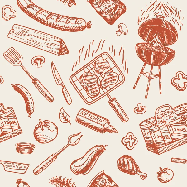 Parrilla barbacoa patrón sin costuras en estilo vintage. Dibujado a mano. Bbq ingredientes de la fiesta. Comida caliente a la parrilla, cerveza y herramientas, verduras y especias. Ilustración vectorial para menú o etiquetas . — Archivo Imágenes Vectoriales