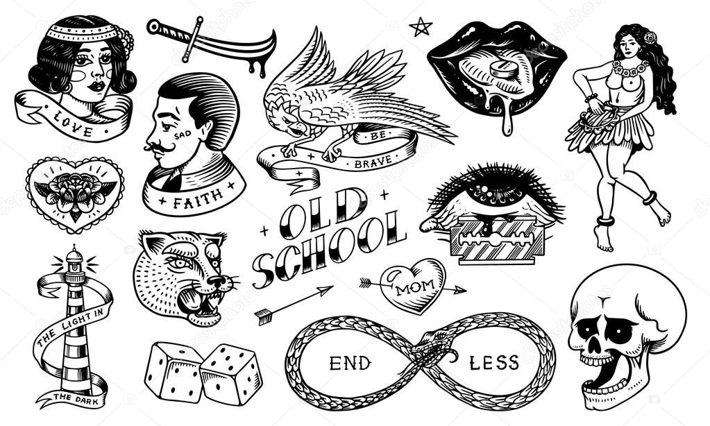 Set of vintage school Tattoo. Characters Playing Cards, hawaiian woman, lips and medicine drug, lighthouse, panther, dice and snake. Engraved hand drawn sketch. Badges, print or patches for t-shirt. 