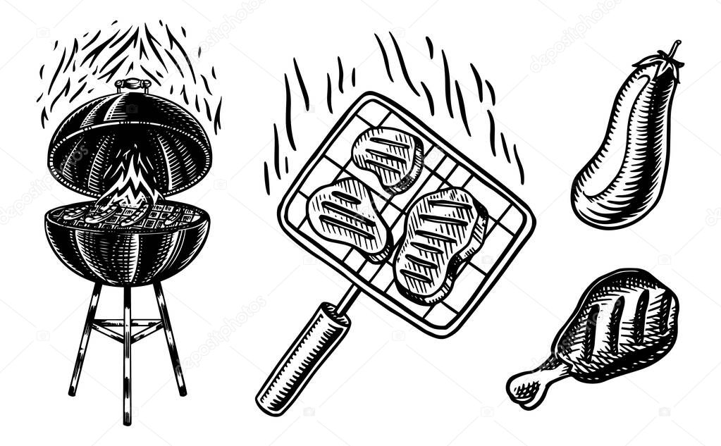 Barbecue grill set in vintage style. Drawn by hand. Bbq party ingredients. Hot grill food, beer and tools, vegetables and spices. Vector illustration for menu or labels.