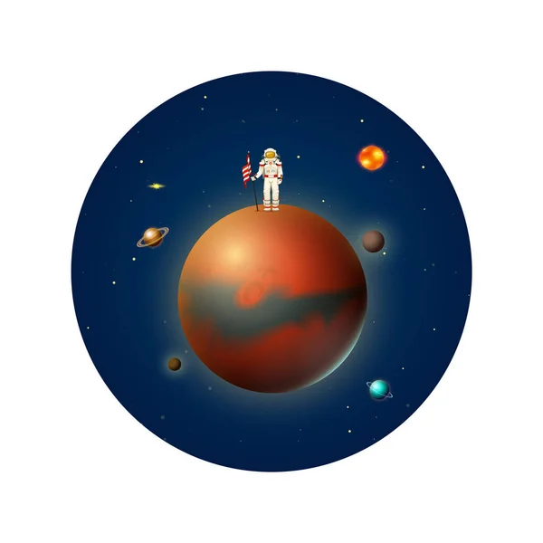 Planets in solar system and astronaut spaceman. Mercury and earth, mars and venus. Astronomical galaxy space background. Poster or banner for web site. Look through the telescope. Cartoon concept. — 스톡 벡터