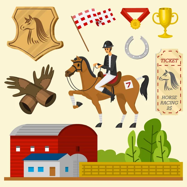 Jízda na koni. Závodní ikony pro Activity Jockey club. Vybavení pro plakát Jezdecký sport. Příslušenství podkova, bič, sedlo koně, hippodrome, koňská uzda pro drezúru — Stockový vektor