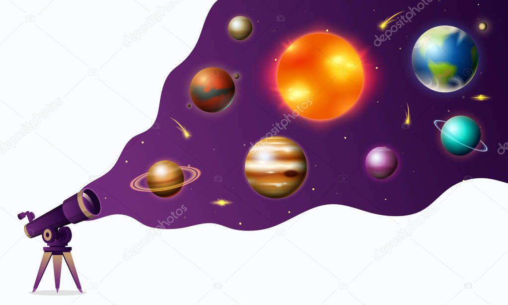 Planets in solar system and astronaut spaceman. Fly on a rocket or in a spaceship. Astronomical galaxy space background. Poster or banner for web site. Cartoon concept.