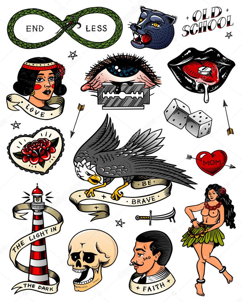 Set of vintage old school Tattoo. Characters Playing Cards, Hawaiian hula dancer woman, lips and lighthouse, panther, dice and snake. Engraved hand drawn sketch. Badges, print or patches for t-shirt. 