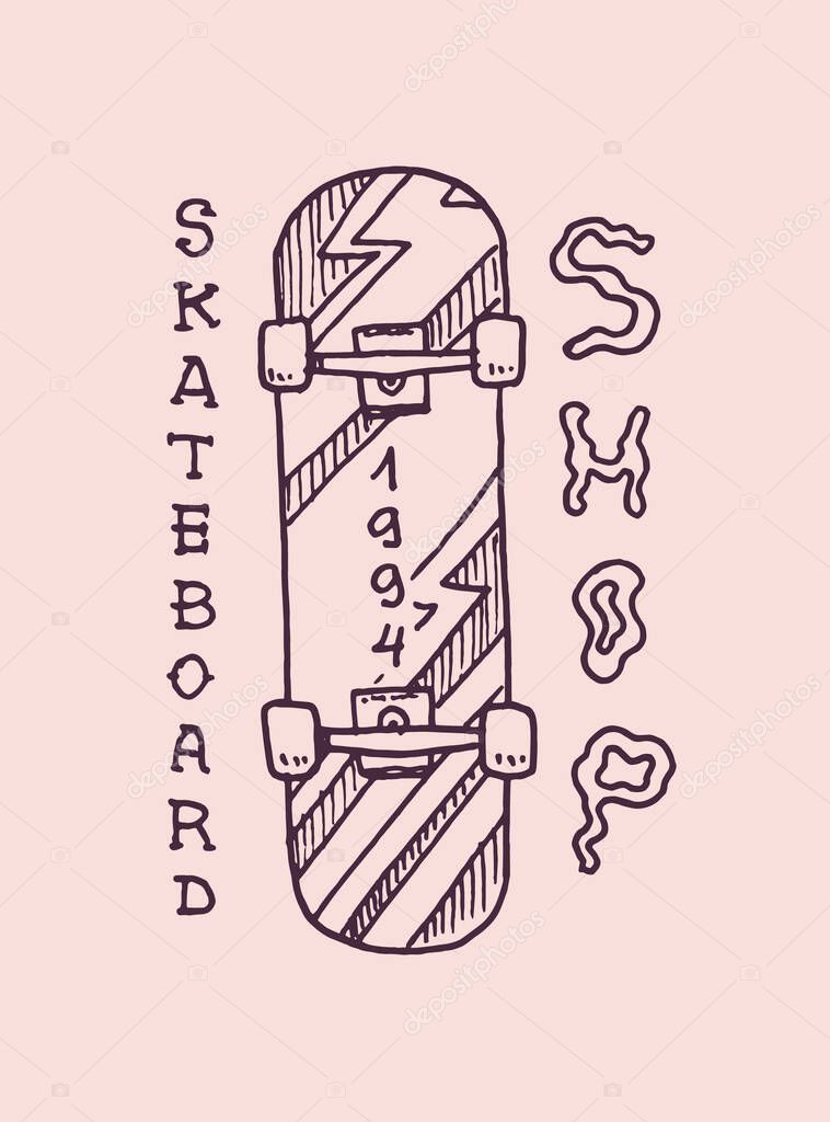 Skateboard Label for typography. Vintage retro ride on the boards concept. Template for t-shirt and logo. Hand Drawn engraved sketch for shop, skate club or tattoo