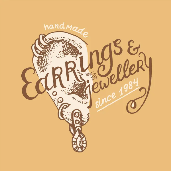 Klasik küpe etiketi. Kadın kuyumcu rozeti. Lüks aksesuarlar, kadın modası. Retro tipografi ya da tabela. Kabartmalı çizim.