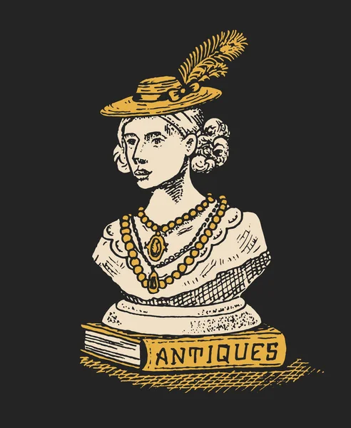 Etichetta scultura antica. Donna col cappello. Biglietto d'oro vintage. Distintivo del negozio. Testa di gesso. Logo vittoriano antico occidentale per t-shirt e tipografia. Vecchio schizzo inciso . — Vettoriale Stock