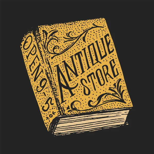 Oud vintage boek. Antiek winkeletiket of gouden badge. Victoriaans oud logo voor t-shirt en typografie. Ouderwets. Met de hand gegraveerde monochrome schets. — Stockvector