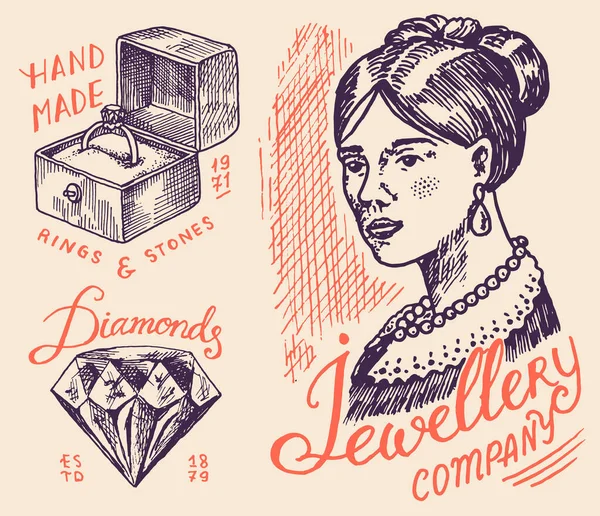여성들은 보석 배지와 가게의 로고를 가지고 있습니다. 귀고리가 달린 고급 액세서리, 결혼반지, 다이아몬드, 빅토리아 시대의 숙녀. 고전적 인 타이포그래피의 역 템플릿입니다. 손으로 조각 한 스케치. — 스톡 벡터