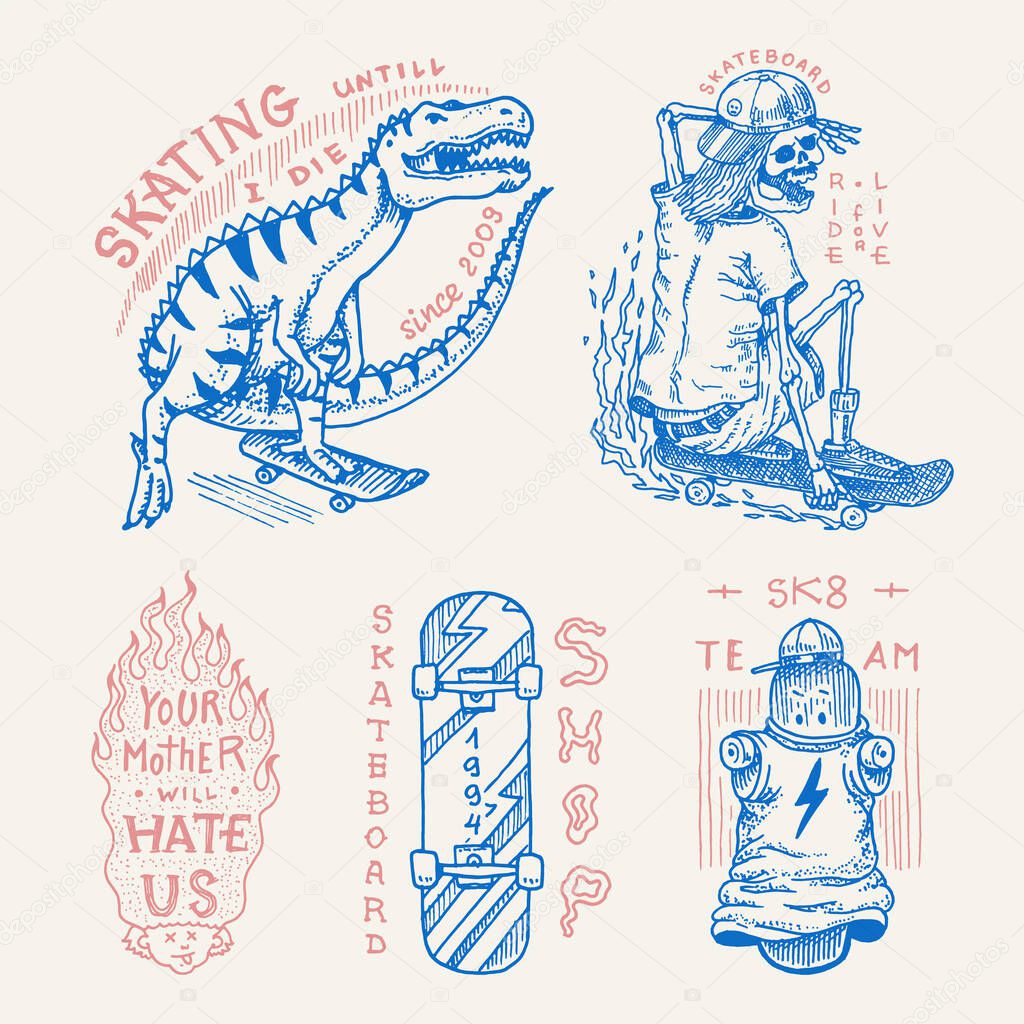 Skateboard shop badges and logo set. Vintage retro Templates for t-shirts and typography. Street dinosaur and skeletons ride on the boards concept. Fiery head and skull. Hand Drawn engraved sketch