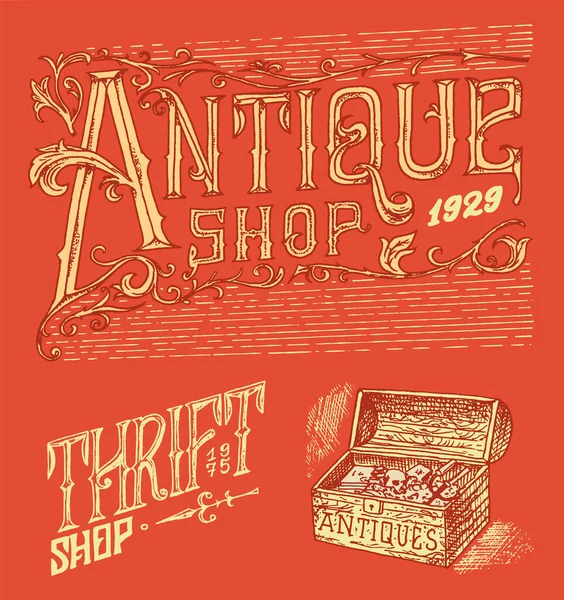 Étiquettes ou badges de magasins d'antiquités. Ancien logo victorien vintage pour t-shirts et typographie. Poitrine pirate et phrases avec des lettres gothiques. À l'ancienne. Croquis monochrome gravé à la main . — Image vectorielle