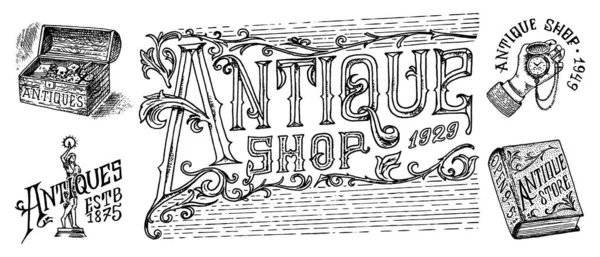 Antique shop labels or badges. Vintage pocket watch, book and phrase with old capital letters, Pirate chest. Hand Drawn engraved monochrome sketch. Victorian ancient logo for t-shirts and typography. Royalty Free Stock Vectors