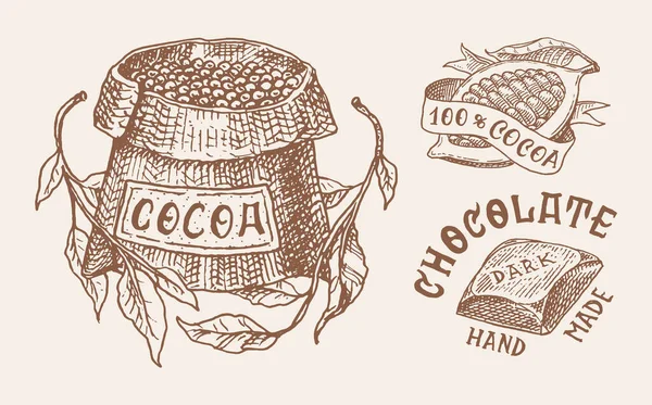 Cacaobonen en chocolade. Graan en zak. Vintage badge of logo set voor t-shirts, typografie, winkel of signboards. Met de hand gegraveerde schets. Vectorillustratie. — Stockvector