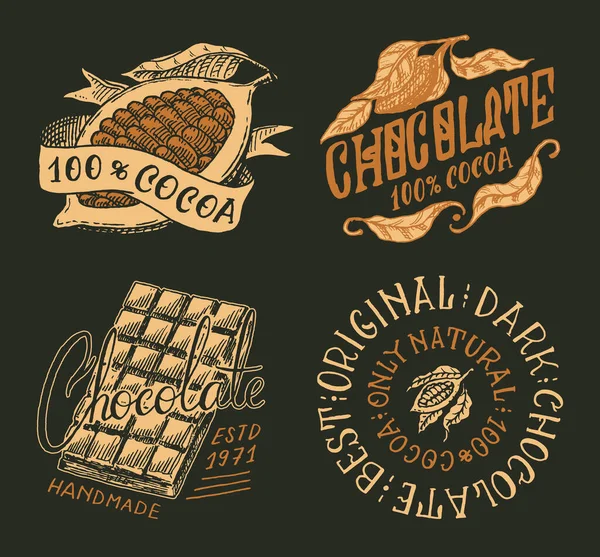 Kakaóbab és csoki szelet. Vintage jelvény vagy logó pólókhoz, tipográfiához, bolthoz vagy táblákhoz. Kézzel rajzolt vázlat. Vektorillusztráció. — Stock Vector