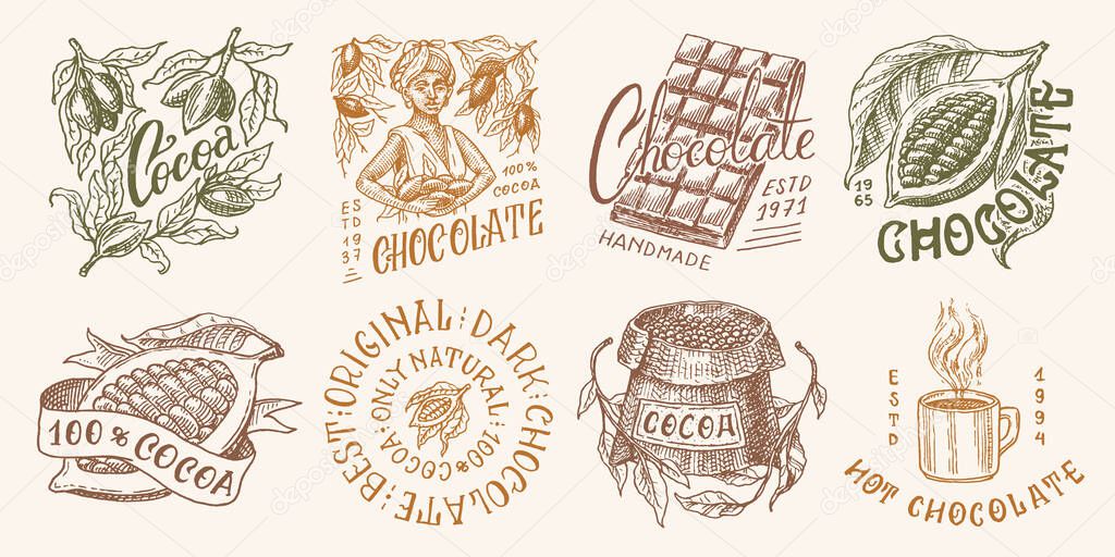 Cocoa Beans and Chocolate. Cacao grains, Woman and cup of drink. Vintage badge or logo for t-shirts, typography, shop or signboards. Hand Drawn engraved sketch. Vector illustration