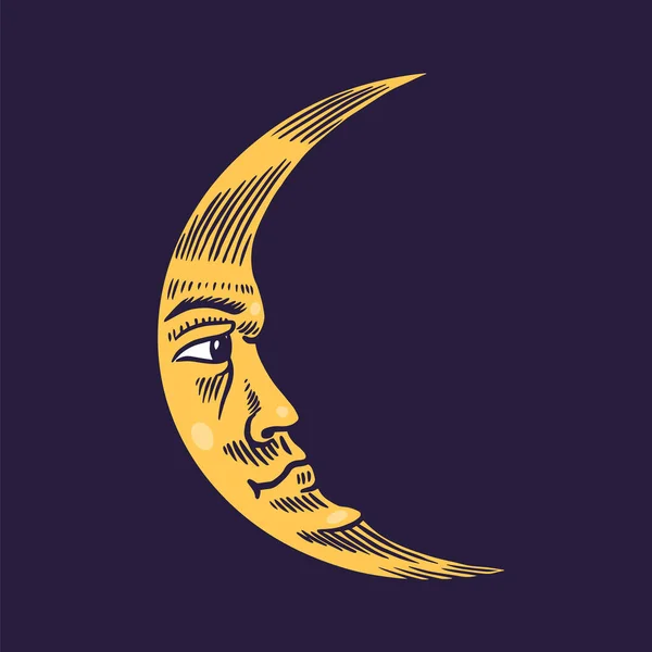 Luna crescente mistica. Astronomia, alchimia e astrologia simbolo. Illustrazione di Magic Boho. Schizzo inciso a mano dello scarabocchio per tatuaggio o t-shirt . — Vettoriale Stock