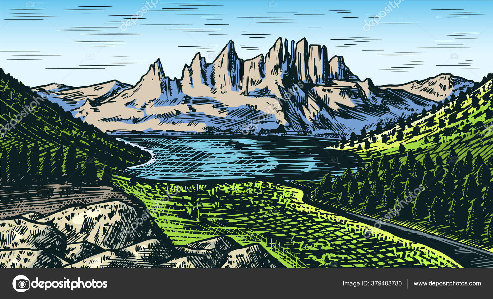 Fondo de paisaje de montaña. Bosque y picos alpinos. Montaña Vintage.  Concepto de viaje. Bosquejo grabado a mano para carteles al aire libre,  pancartas de escalada, logotipo o insignia . Vector de, image size:1600x970