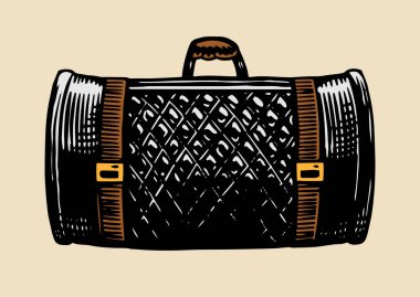 Motosiklet için deri çanta. Yarışçılar için antika Retro valiz. Yarışçı, etiket ya da posterler, dövme ya da tişörtler için elle çizilmiş monokrom çizimi.