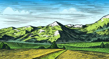 Dağ manzarası. Alp tepeleri. Vintage Mount ve Valley. Seyahat konsepti. Açık hava posterleri, tırmanış afişleri, logo veya rozet için elle çizilmiş eskiz..