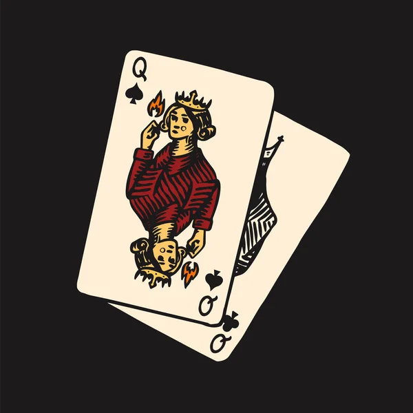 Jouer aux cartes dans le style vintage doodle. Spades Queen. Croquis gribouillé dessiné à la main. Illustration vectorielle pour tatouage ou t-shirt . — Image vectorielle