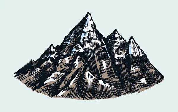 Picos de montaña, roca vintage, cordillera antigua. Dibujo dibujado a mano vector al aire libre en estilo grabado. Ilustración vectorial para tarjeta de senderismo, banner de escalada, tatuaje o etiqueta . — Archivo Imágenes Vectoriales