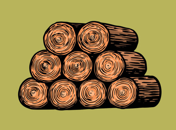 Порезы деревьев или куча дров. Ручной ретро эскиз плаката или логотипа, этикетки или татуировки или футболки. Векторная иллюстрация
