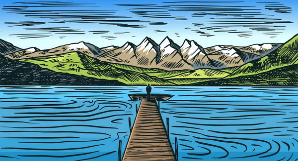 山の風景の背景。高山のピーク。ヴィンテージマウント。旅行のコンセプト。木製の橋で海。屋外ポスター、登山バナー、ロゴやバッジのための手描き彫刻スケッチ. — ストックベクタ