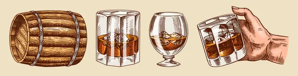 Vintage Whiskey-set. Trätunna, whisky och bourbon, vete och råg, glasflaska, viktoriansk man, skål toast. Stark alkoholdryck. Handritad skiss för affisch, bricka. Amerikanska symboler. — Stock vektor