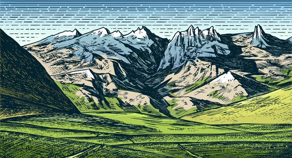 Paysage de montagne fond. Des sommets alpins. Vintage Mont et vallée. Concept de voyage. Esquisse gravée à la main pour affiches extérieures, bannières d'escalade, logo ou insigne . — Image vectorielle