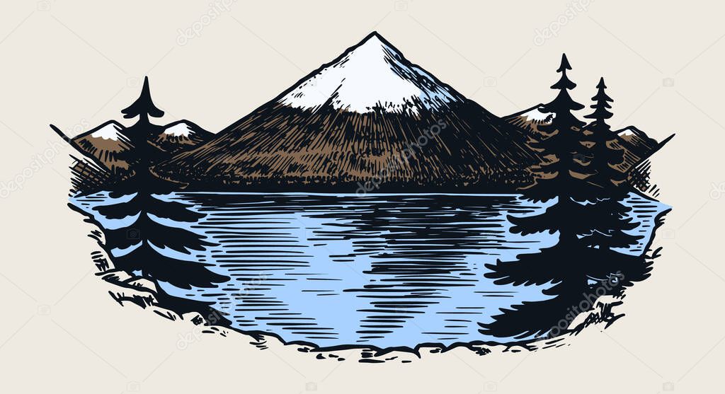 Mountain peaks, vintage rock, old highlands range. Hand drawn vector outdoor sketch in engraved style. Vector illustration for Hiking card, climbing banner, tattoo or label.