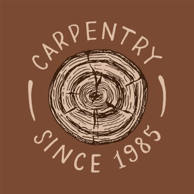 Ağacın çapraz kesimi. Atölye veya tabela için ahşap etiket. Klasik logo, tipografi veya tişört rozeti. El çizimi marangoz çizimi.