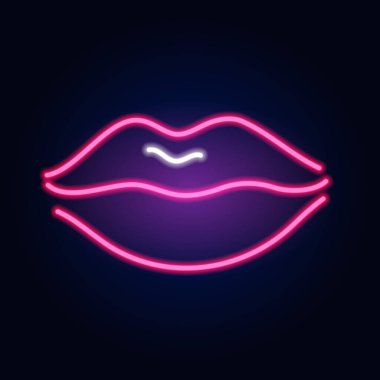 Neon Lips. Moda tabelası. Gece lambası tabelası, parlayan afiş. Yaz amblemi. Kadın öpücüğü. Koyu arkaplanda Club Bar logosu. 