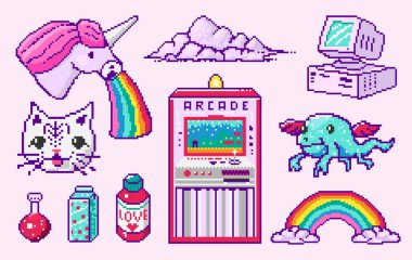 Piksel 8 bitlik nesneler. Karakter Midilli Bulutu Gökkuşağı Tekboynuzu. Retro dijital oyun varlıkları. Pembe moda ikonları. Klasik kızsı çıkartmalar. Bilgisayar Videosu Arkaddes. 