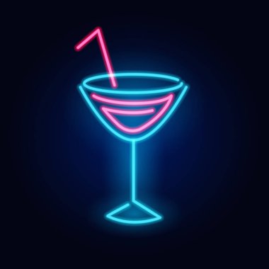 Neon kokteyli. Moda tabelası. Gece lambası tabelası, parlayan afiş. Yaz amblemi. Karanlık arka planda Club Bar logosu. Bardakta şemsiyeli alkol içeceği..